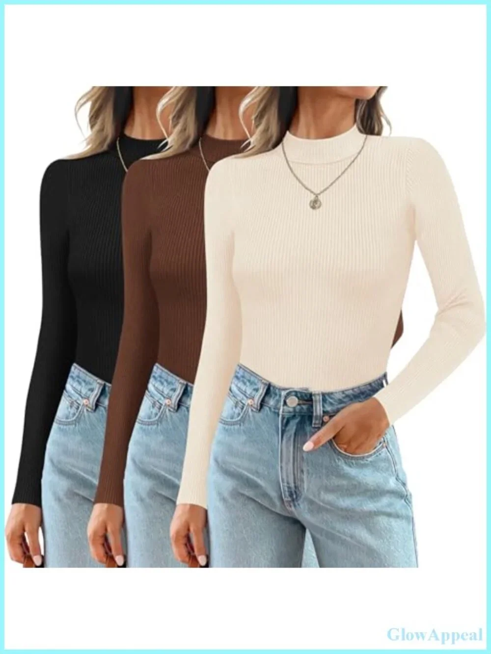 Mock Turtleneck Long Sleeve Ribbed Shirt 3 Pack Thermal Tops